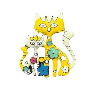 Colorful Cat Brooch with Floral Design